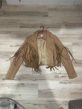 Fringe Cropped Suede-Style Jacket in Tan